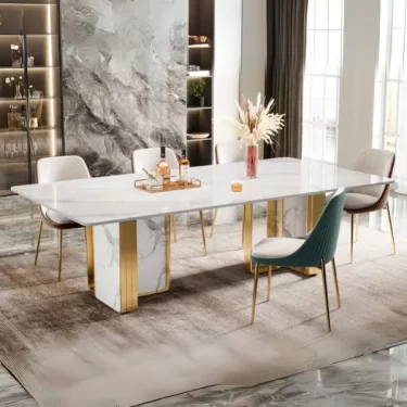 Luxury Decoration Gold Frame Rectangular Marble Top Dining Table Set | Home Dining Room Furniture